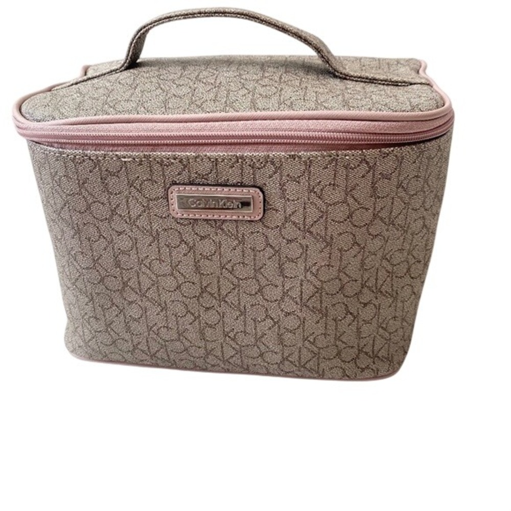 Calvin Klein Monogram Zip Toiletry Cosmetic Travel Case Brown/Beige